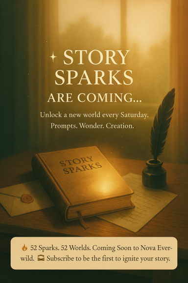 Promotional text for "Story Sparks," featuring a book in soft lighting.